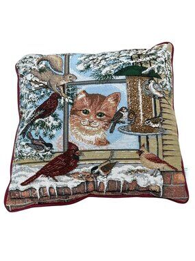 Vtg Riverdale Tapestry Pillow Cat Cardinal Squirrel Bird Feeder Decorative 16x16